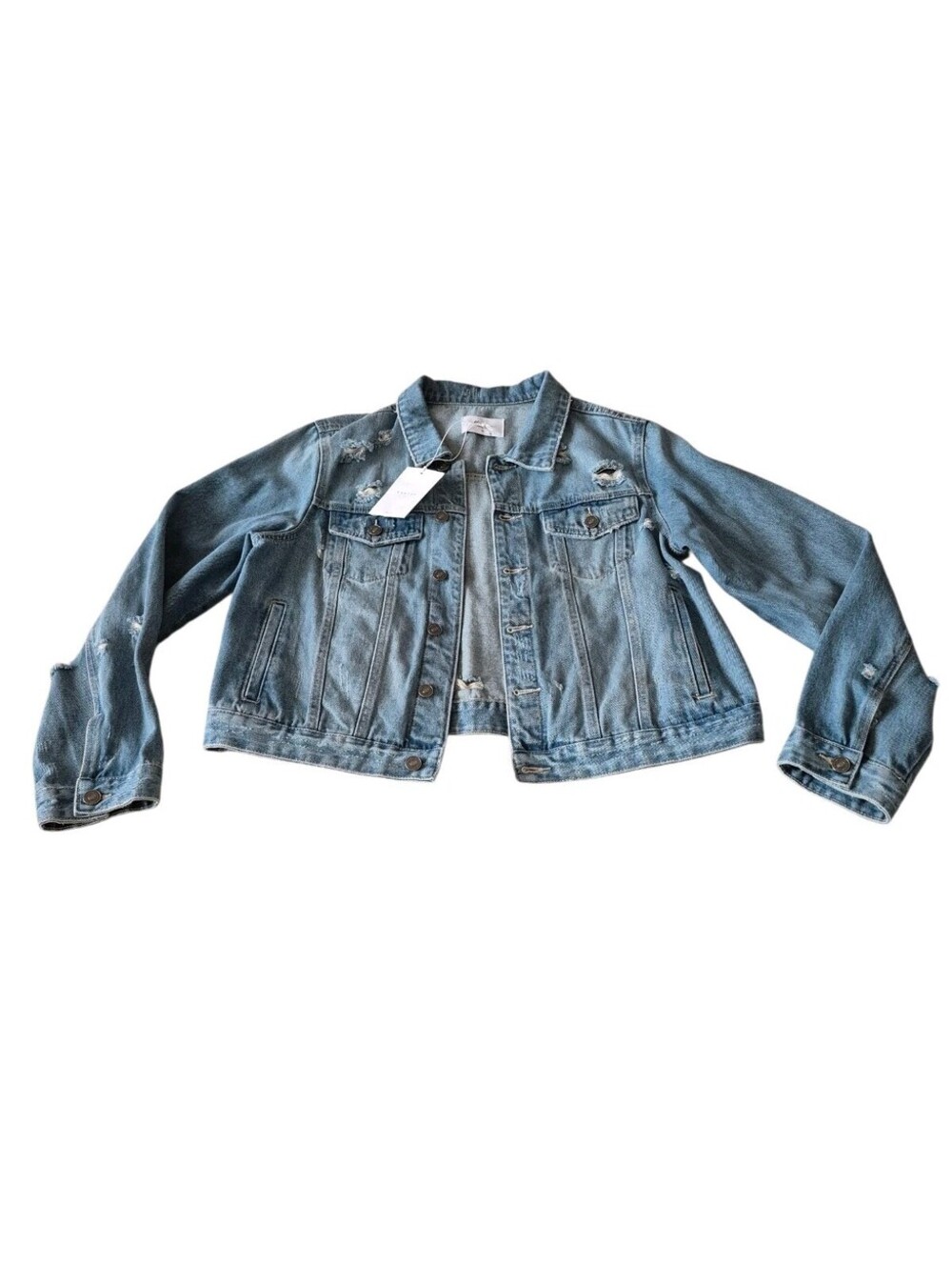NWT Kancan Women Medium Light Blue Wash Distretssed Denim Jacket Size 1XL